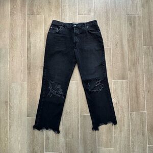 Free People Maggie Mid-Rise Straight-Leg Distressed Jean Black Cropped Size 28